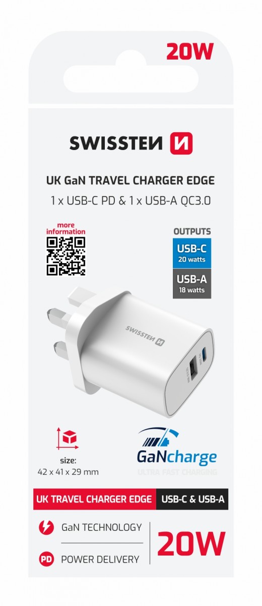 Levně Adaptér Swissten Edge Gan 1x USB-C PD 20W + 1x USB-A 18W QC, pro uk zásuvku bílý