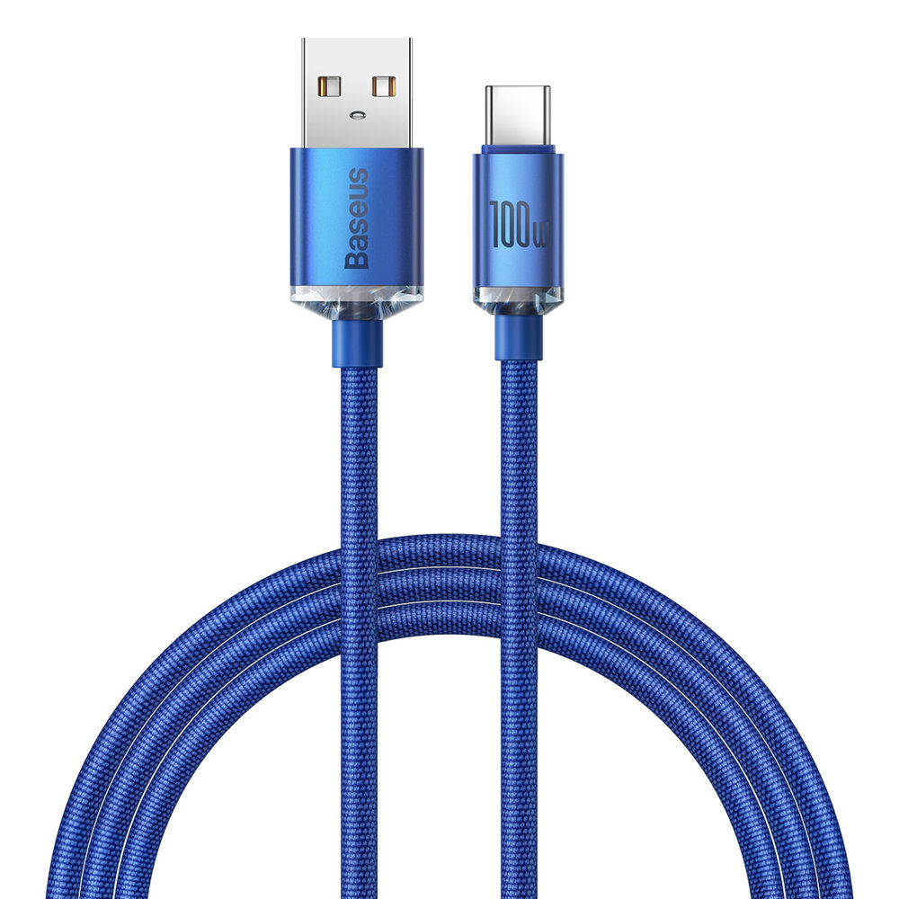 Levně Baseus Crystal Shine datový kabel (CAJY000503), USB na Type-C, 100W, 2m, super rychlé nabíjení, nylonové opletení, modrý