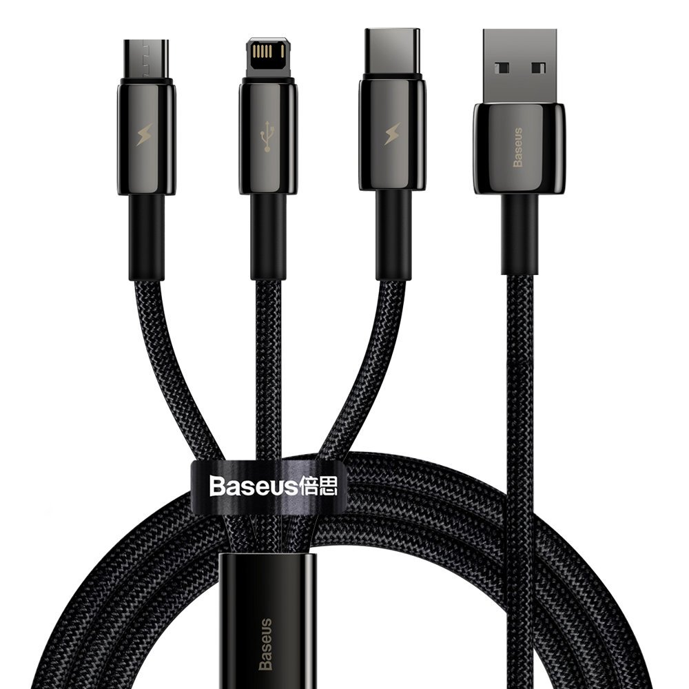 Levně Baseus - datový kabel Tugsten Gold 3v1 (CAMLTWJ-01) - USB na Type-C, Lightning, Micro-USB 3,5A, 1,5m - černý