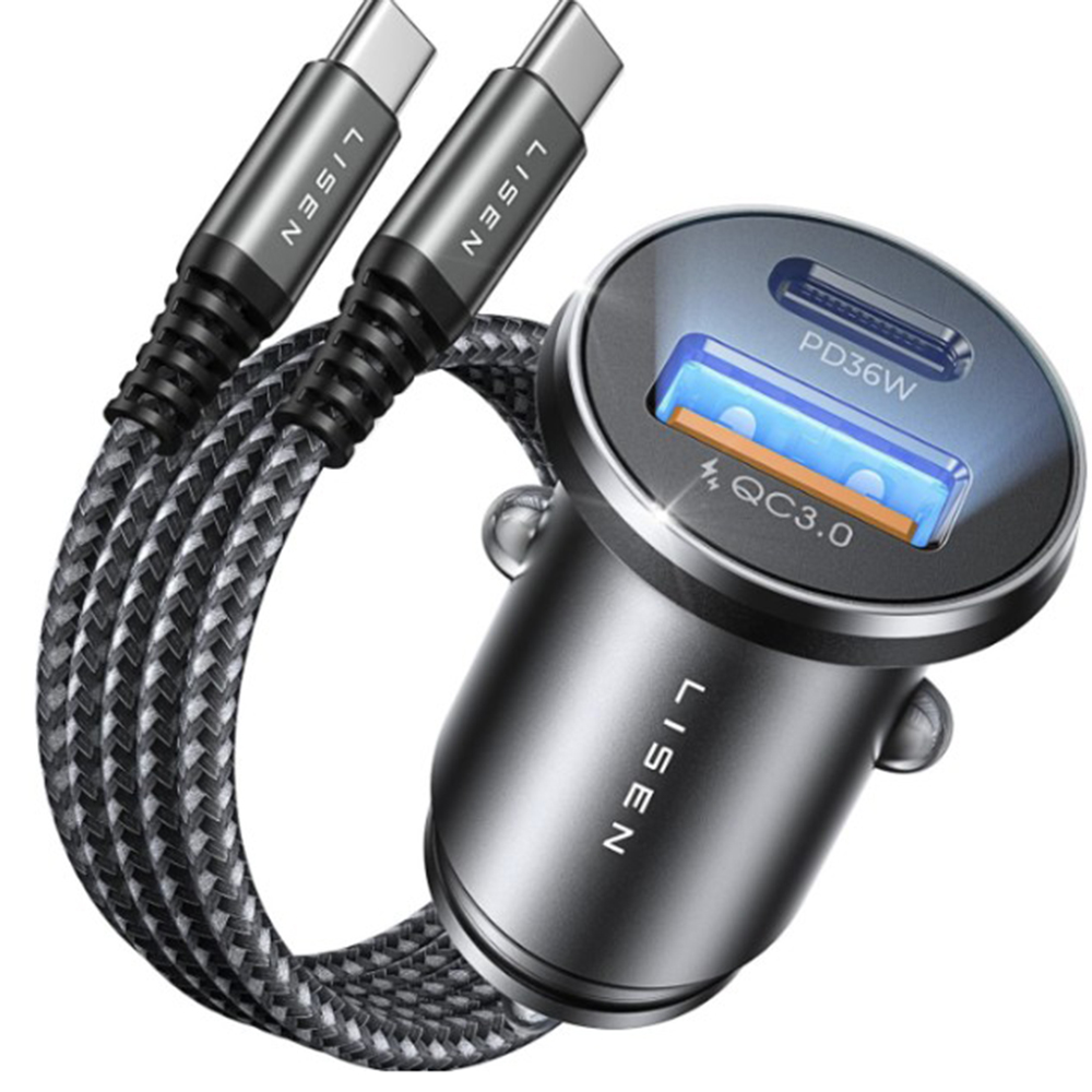 Levně Lisen - nabíječka do auta (YL0223080047) - USB, Type-C, s kabelem Type-C Armor, 12V=24V - černá / tmavě modrá