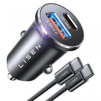 Lisen - nabíječka do auta (YL0223110003) - s opleteným kabelem Type-C, USB, USB-C, PD65W, QC3.0, 12V=24V, hliníková slitina - stříbrná