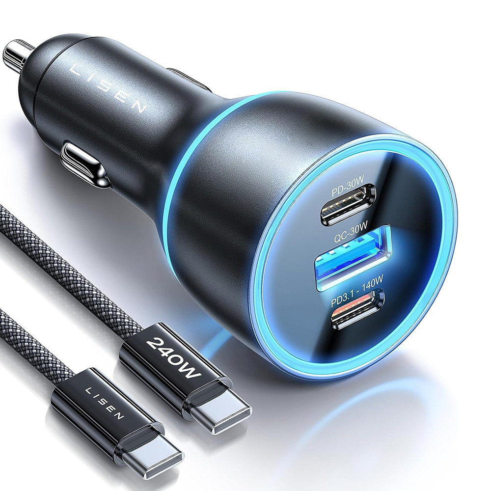 Levně Lisen - nabíječka do auta (YL0224010001) - s kabelem Type-C, USB-A, Type-C, 170 W, GaN, hliníková slitina, 12/24 V, 1 m - černá