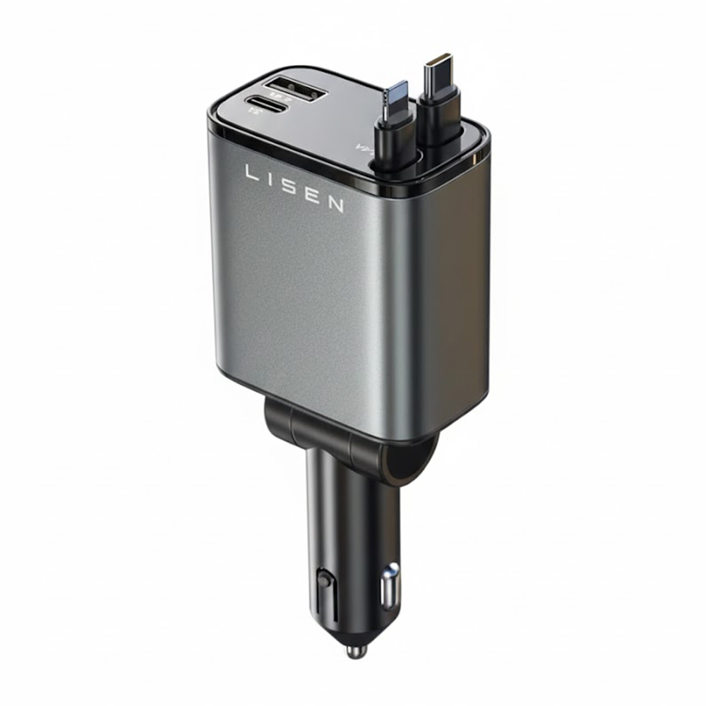 Levně Lisen - nabíječka do auta (YL0224040031) - 4v1, USB, Type-C, se zatahovacím kabelem USB-C a Lightning, hliníková slitina - černá