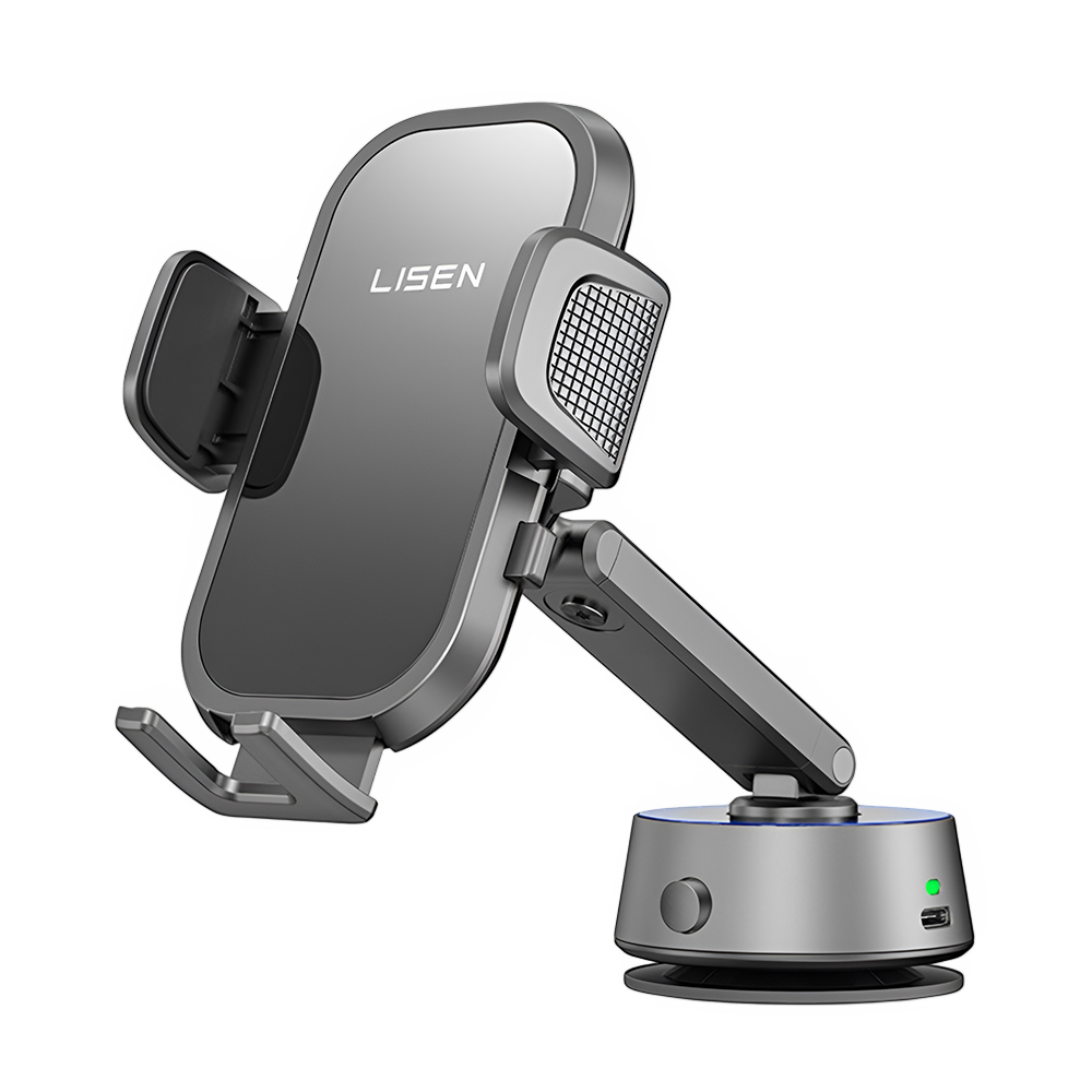 Levně Lisen - držák do auta A680 (YL0225010007) - na palubní desku, stůl, elektrická přísavka, otáčení o 360°, svorkové rameno, 130mAh - černá