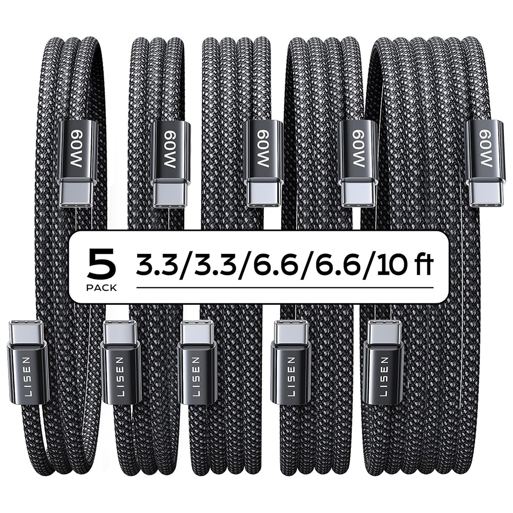 Levně Lisen - sada 5 kusů datových kabelů (YL0123070010) - Type-C, 60 W, 480 Mbps, rychlé nabíjení, opletený, 1 m/1 m/2 m/2 m/3 m - černá