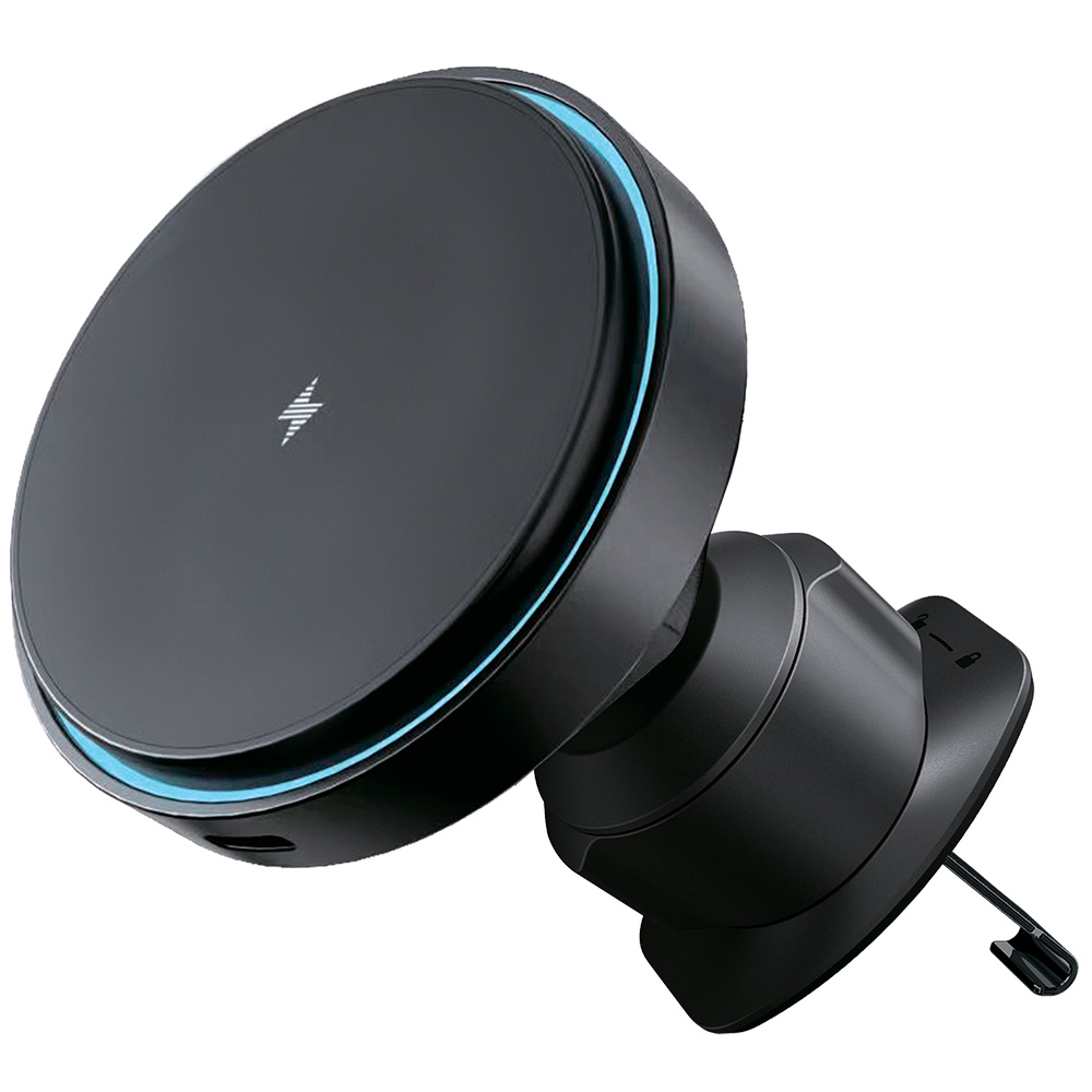 Levně Proove - držák do auta s bezdrátovým nabíjením světelný kruh (WHLC15010001) - MagSafe, do mřížky ventilace, 360°, 15W, modrá LED - černá
