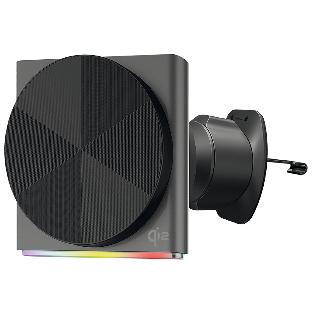 Levně Proove - držák do auta s bezdrátovým nabíjením Neostorm (WHNS15002003) - do ventilační mřížky, magnetický, Qi2, 15 W, RGB, hliníkový - šedý