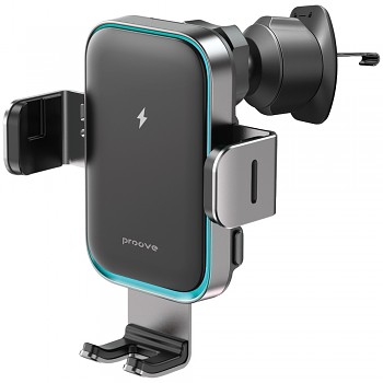Proove - držák do auta s bezdrátovým nabíjením Triple Clamp Pro (WHTP15010004) - uchycení 2v1, automatický, LED, Qi2 15W - kovově šedá