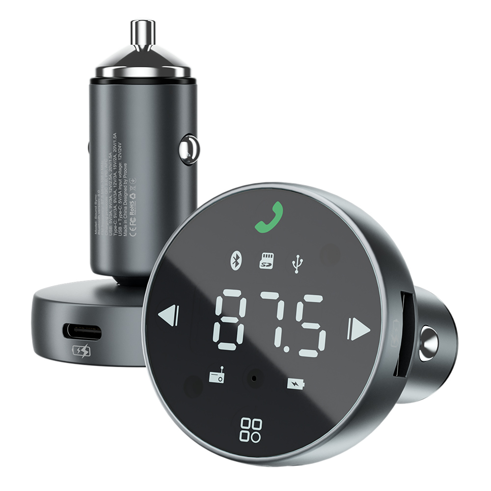 Levně Proove - nabíječka do auta s FM modulátorem (FMSS30110003) - s dotykovým displejem, USB, Type-C, U-Disk, TF, Bluetooth 5.0, 30W - šedá