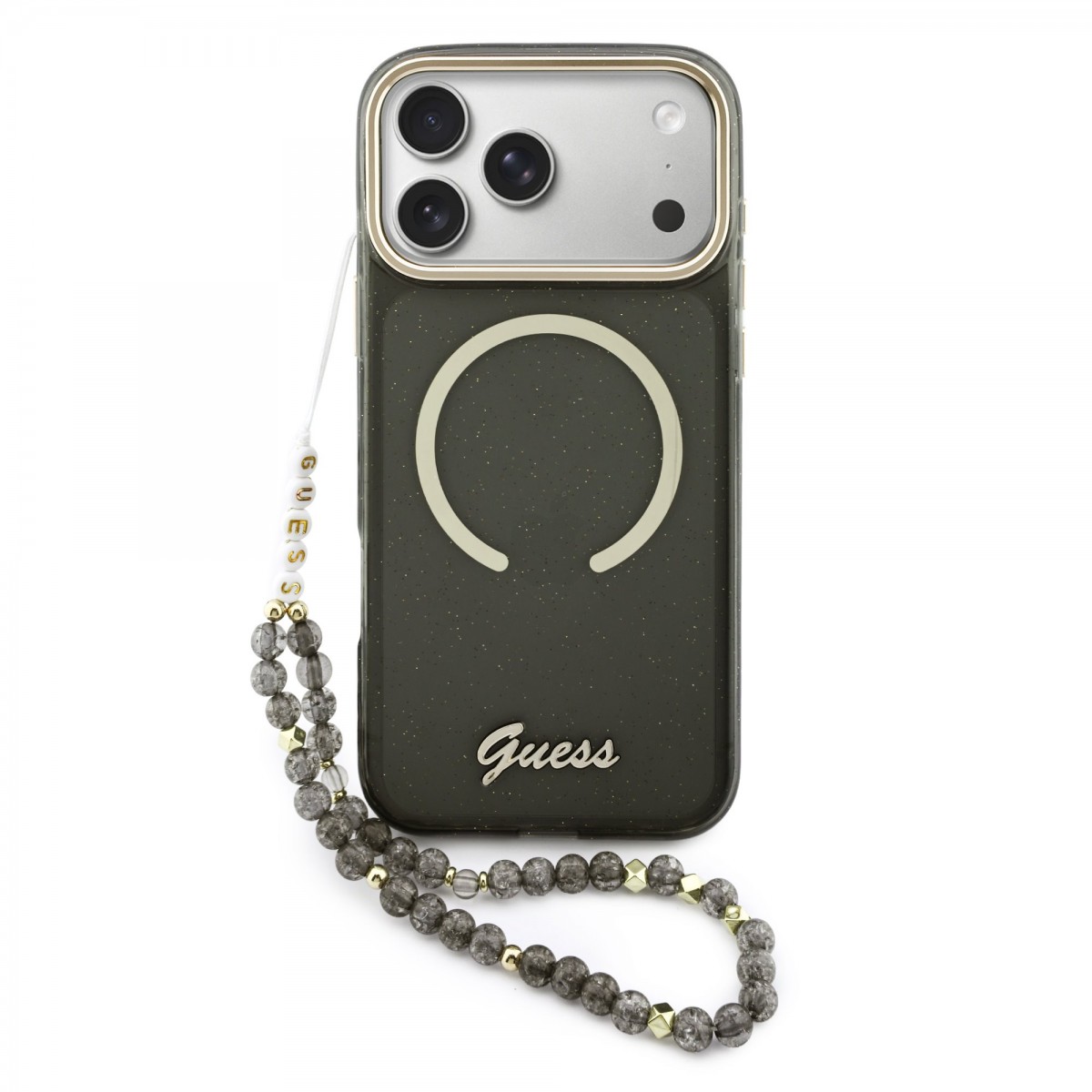 Levně Zadní kryt Guess IML Glitter Script Strap MagSafe pro iPhone 17 Pro Max Black