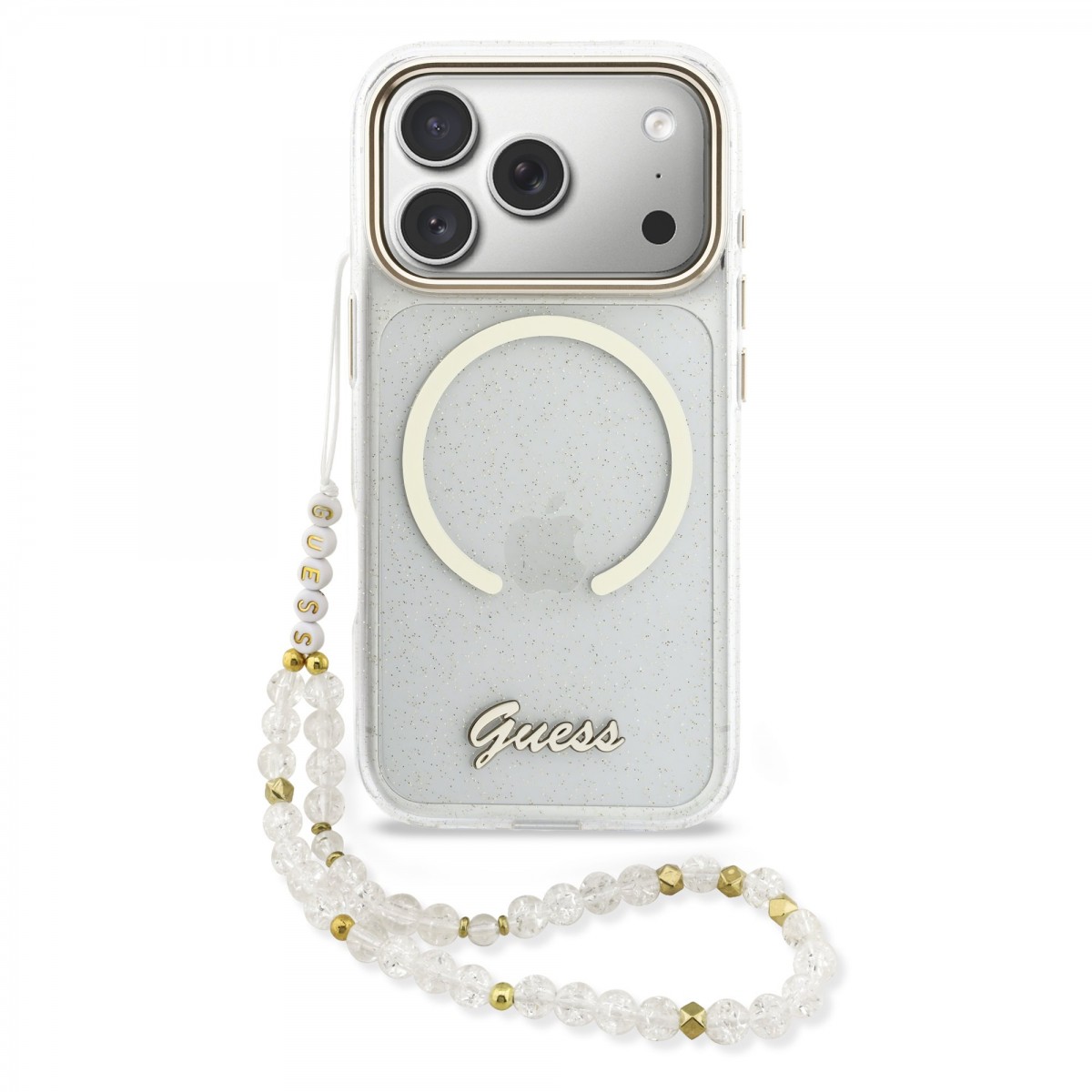 Levně Zadní kryt Guess IML Glitter Script Strap MagSafe pro iPhone 17 Pro Transparent