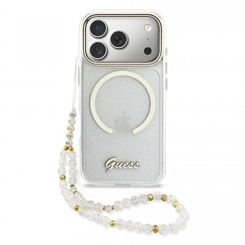 Zadní kryt Guess IML Glitter Script Strap MagSafe pro iPhone 17 Pro Transparent