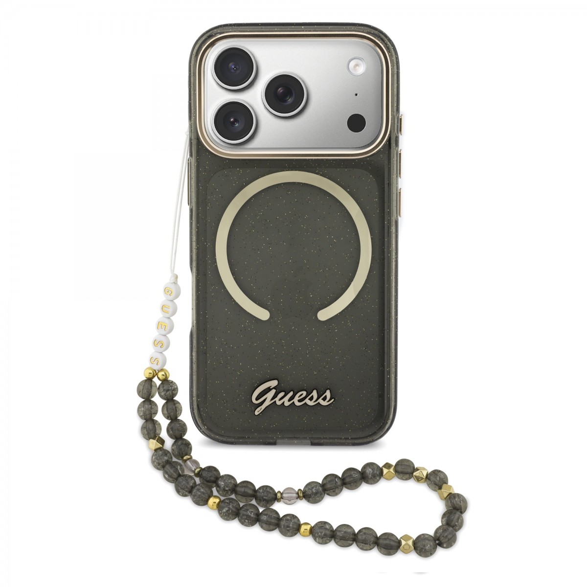 Levně Zadní kryt Guess IML Glitter Script Strap MagSafe pro iPhone 17 Pro Black
