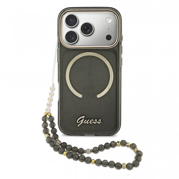 Zadní kryt Guess IML Glitter Script Strap MagSafe pro iPhone 17 Pro Black