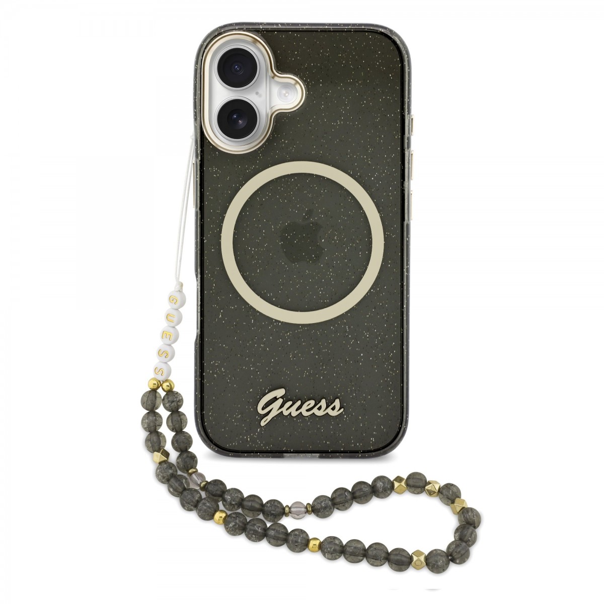 Levně Zadní kryt Guess IML Glitter Script Strap MagSafe pro iPhone 17 Black