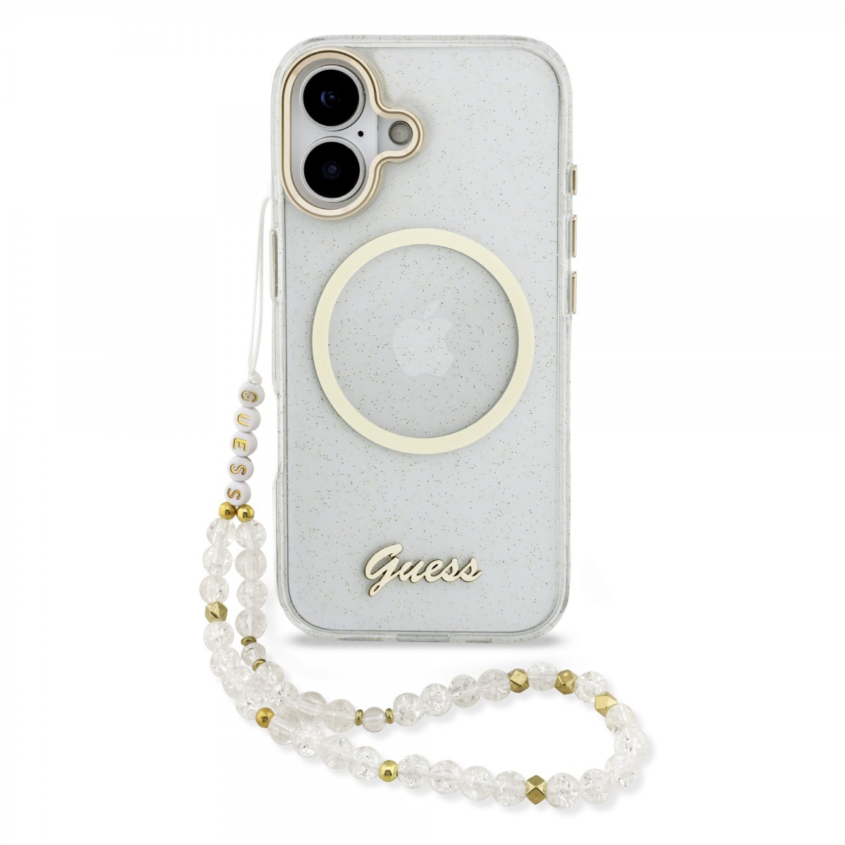 Levně Zadní kryt Guess IML Glitter Script Strap MagSafe pro iPhone 17 Transparent