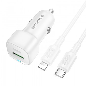 Nabíječka do auta Borofone BZ34B Cloud - USB + Type C - QC 3.0 PD 38W s kabelem Type C - Lightning bílá