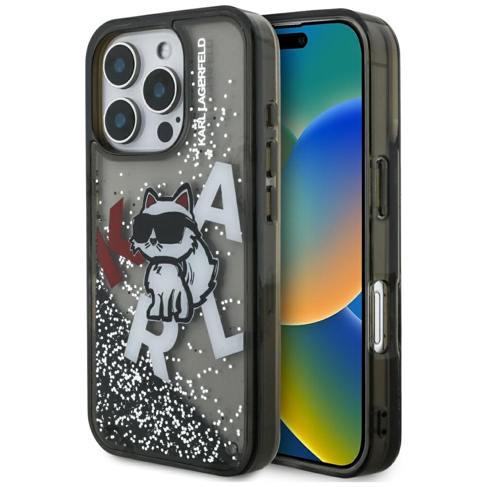 Levně Karl Lagerfeld - tekuté třpytky logo Choupette MagSafe (KLHCP16LLCHSCTDK) - iPhone 16 Pro - černý