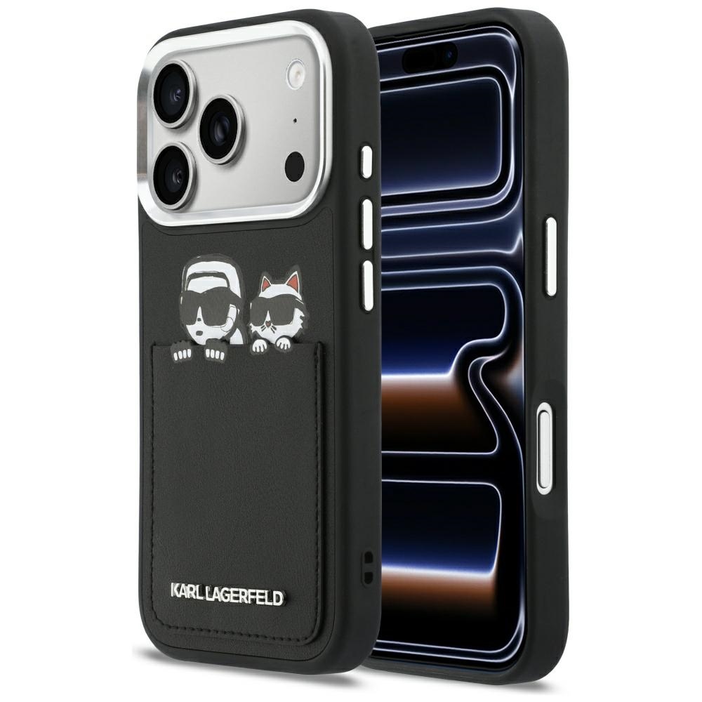Karl Lagerfeld - Pevné kožené pouzdro s potiskem K&amp;C a kapsou (KLHCP17L6PCSPKCK) - iPhone 17 Pro - černá