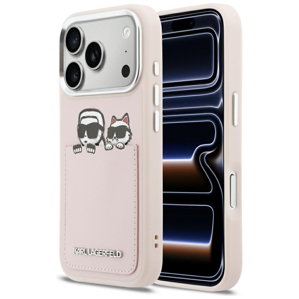 Karl Lagerfeld - Pevný kožený kryt s potiskem K&amp;C a kapsou (KLHCP17X6PCSPKCP) pro iPhone 17 Pro Max - růžová