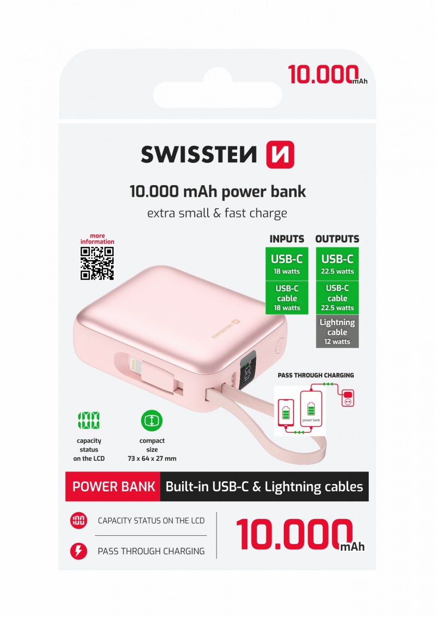 Levně Powerbank Swissten Space 10000 mAh s integrovanými kabely usb-c a lightning růžová