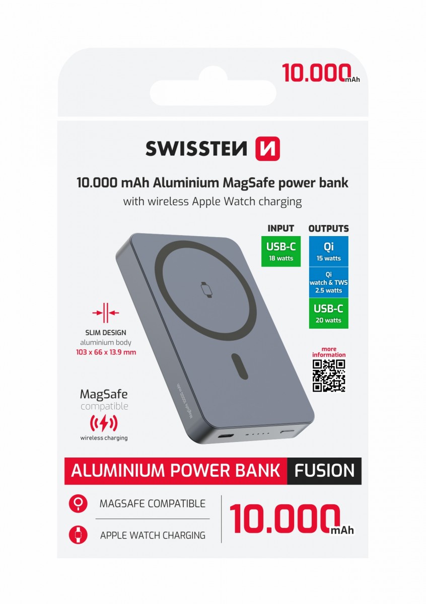 Levně Powerbank Swissten Fusion 10000 mAh s nabíjením Apple Watch (kompatibilní s magsafe) stříbrná
