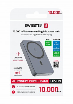 Powerbank Swissten Fusion 10000 mAh s nabíjením Apple Watch (kompatibilní s magsafe) stříbrná