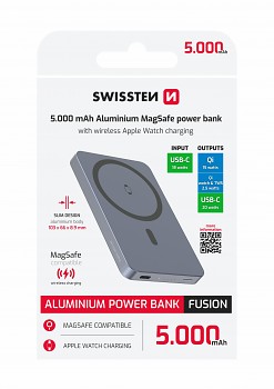 Powerbank Swissten Fusion 5000 mAh s nabíjením Apple Watch (kompatibilní s magsafe) stříbrná
