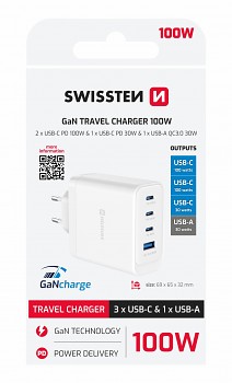 Adaptér Swissten Gan 2x USB-C PD 100W + 1x USB-C PD 20W + 1x USB-A QC 30W QC bílý