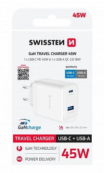 Adaptér Swissten Gan 1x USB-C 45W PD + 1x USB-A 18W QC bílý