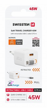Adaptér Swissten Slidecharge Gan 45W, 1x USB-A 18W se zatahovacím USB-C kabelem 0.75 m bílý