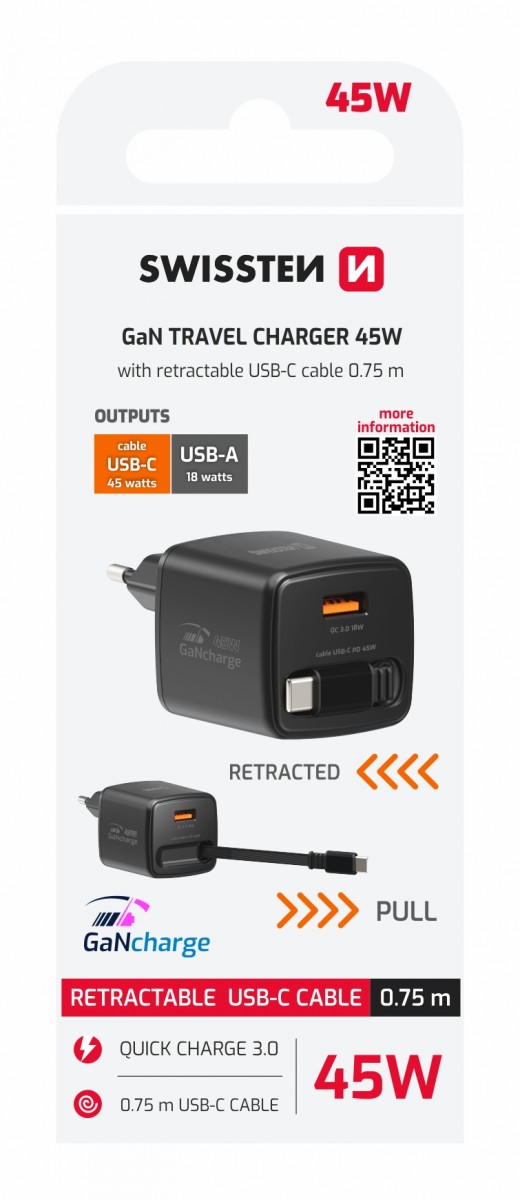 Levně Adaptér Swissten Slidecharge Gan 45W, 1x USB-A 18W se zatahovacím usb-c kabelem 0.75 m černý