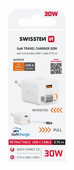 Adaptér Swissten Slidecharge Gan 30W, 1x USB-A 18W se zatahovacím USB-C kabelem 0.75 m bílý