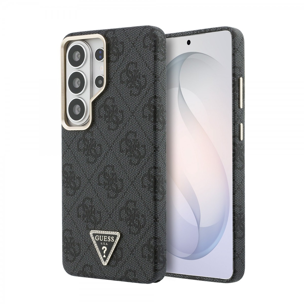 Zadní kryt Guess PU Leather 4G Strass Triangle Logo Gold Frame Magnetic pro Samsung Galaxy S26 Ultra černý