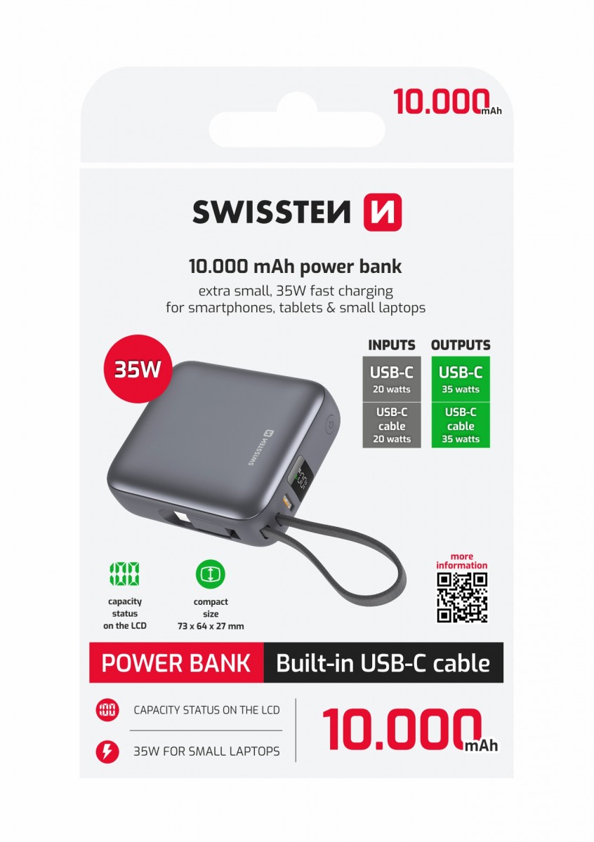 Levně Powerbank Swissten Space 10000 mAh, 35W s integrovaným kabelem USB-C stříbrná