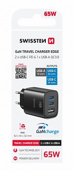 Adaptér Swissten Edge Gan 2x USB-C PD 65W + 1x USB-A 18W QC černý