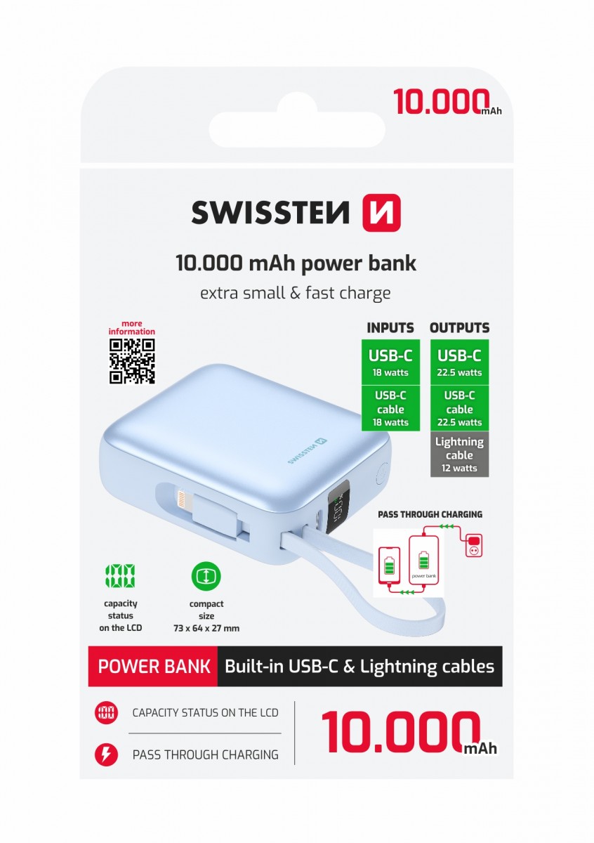Levně Powerbank Swissten Space 10000 mAh s integrovanými kabely usb-c a lightning modrá