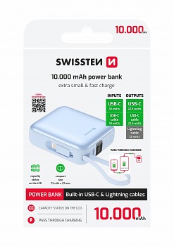 Powerbank Swissten Space 10000 mAh s integrovanými kabely usb-c a lightning modrá