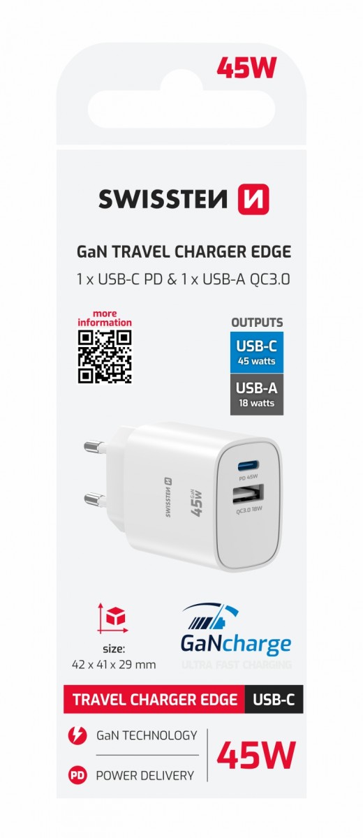 Levně Adaptér Swissten Edge Gan 1x USB-C PD 45W + 1x USB-A 18W QC bílý
