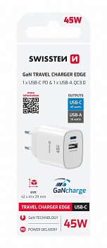 Adaptér Swissten Edge Gan 1x USB-C PD 45W + 1x USB-A 18W QC bílý