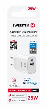 Adaptér Swissten Edge Gan 1x USB-C PD 25W + 1x USB-A 18W QC bílý