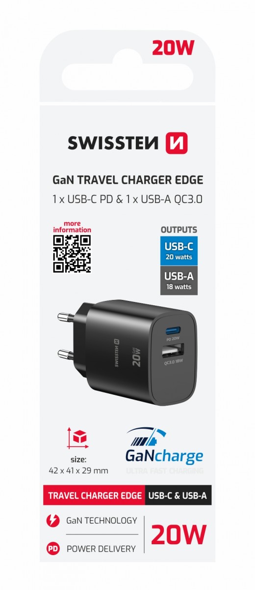 Levně Adaptér Swissten Edge Gan 1x USB-C PD 20W + 1x USB-A 18W QC černý
