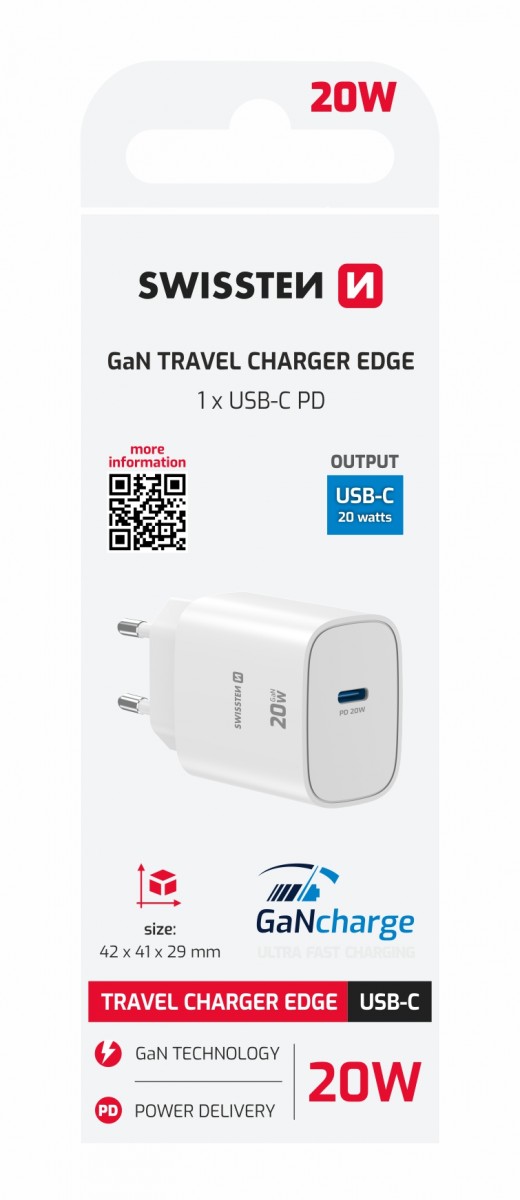 Levně Adaptér Swissten Edge Gan 1x USB-C PD 20W bílý