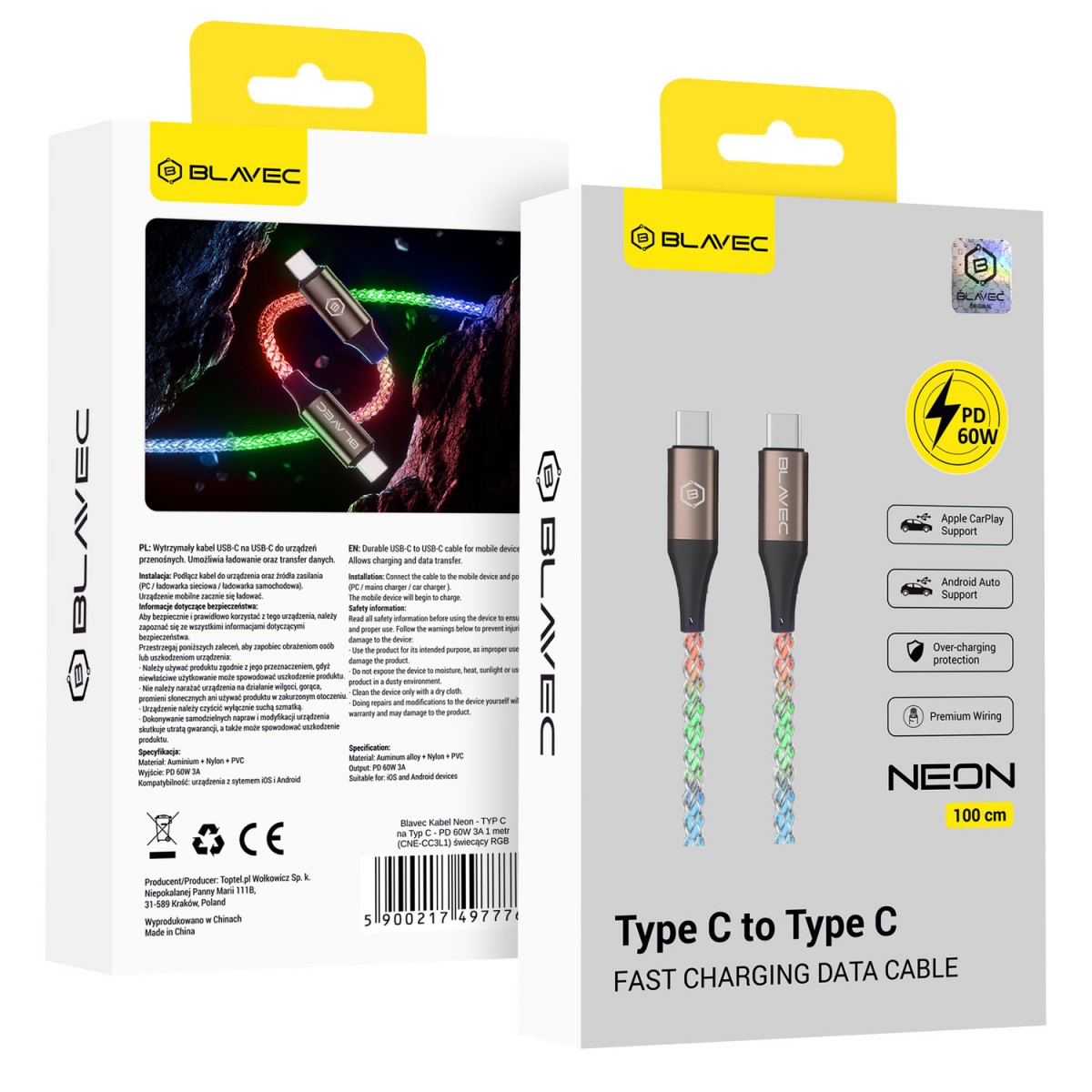 Levně Blavec Neon svítící kabel USB-C na USB-C, PD 60W, 3A, 1 m, RGB
