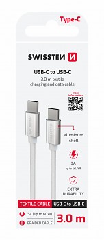 Datový kabel Swissten textile usb-c / usb-c 3.0 m stříbrný