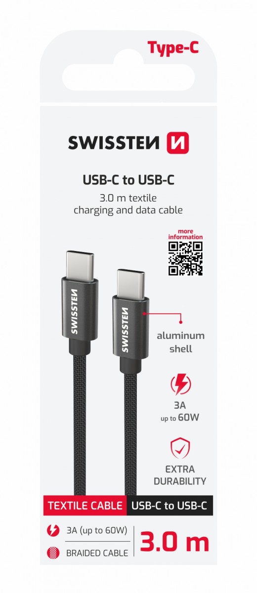 Levně Datový kabel Swissten textile usb-c / usb-c 3.0 m černý