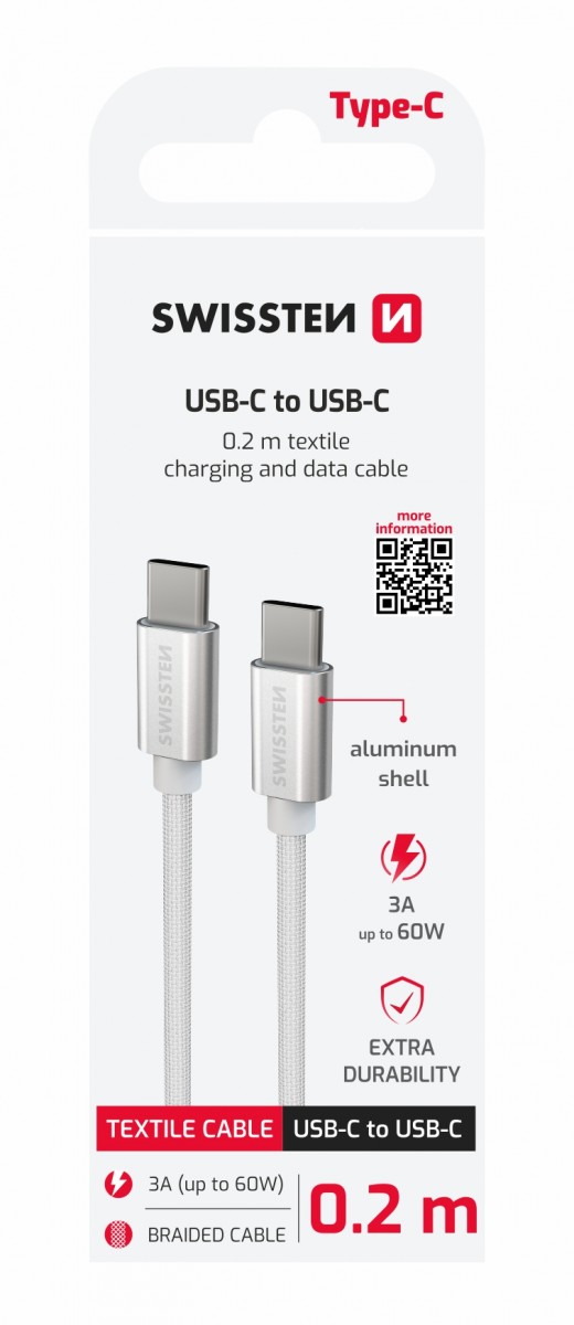 Levně Datový kabel Swissten textile usb-c / usb-c 0.2 m stříbrný
