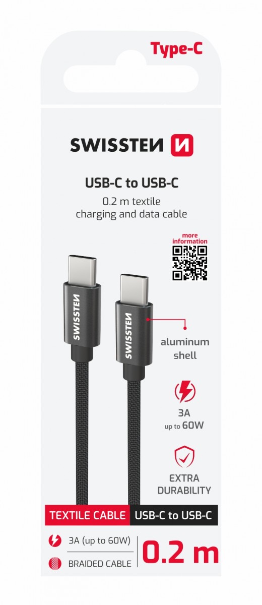 Levně Datový kabel Swissten textile usb-c / usb-c 0.2 m černý