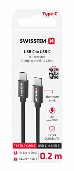 Datový kabel Swissten textile usb-c / usb-c 0.2 m černý