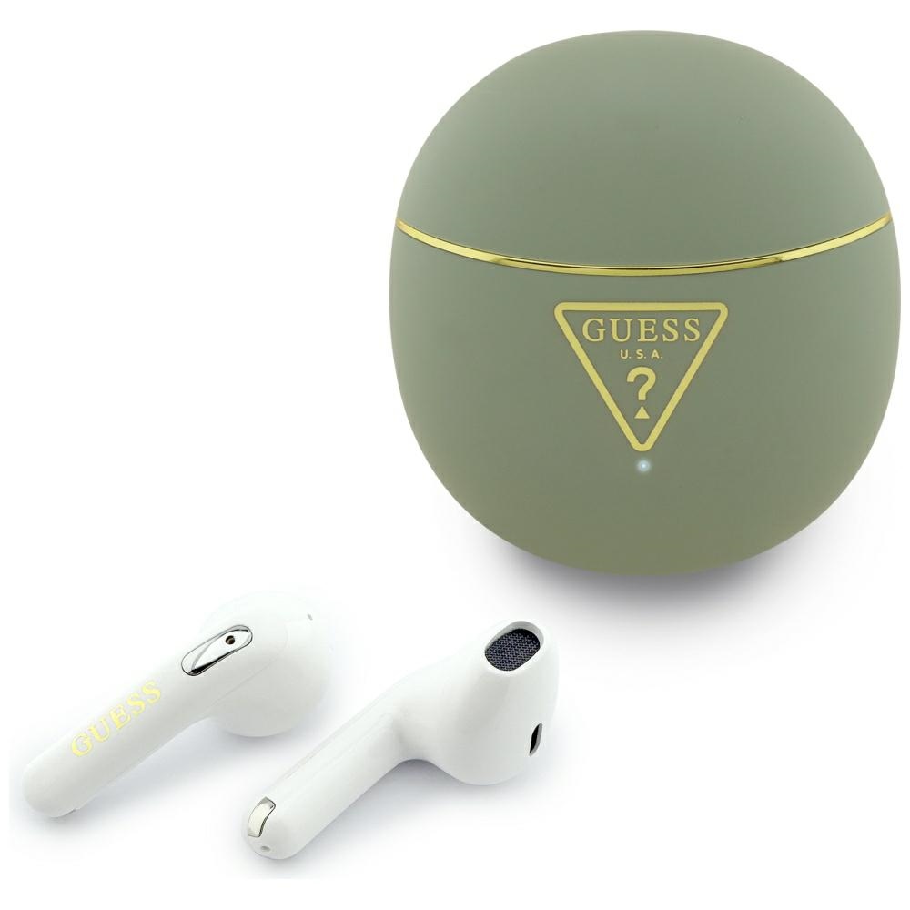 Levně Guess - Bezdrátová sluchátka do uší Script Print (GUTWSA15HETN) - Do uší, Bluetooth, TWS, Malý kulatý design - Khaki